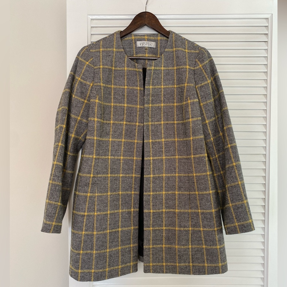 Vintage Plaid Wool Blend Blazer - Yellow, Black and White